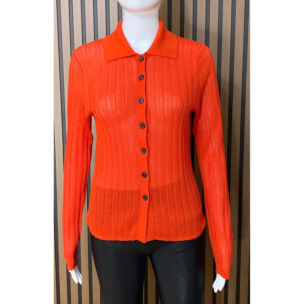 Banana Republic Red Orange Ribbed Knit Sheer Button Front Collared Cardigan S